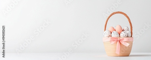 A decorative basket filled with pastel-colored and speckled Easter eggs, featuring a pink ribbon, set against a clean, light background.