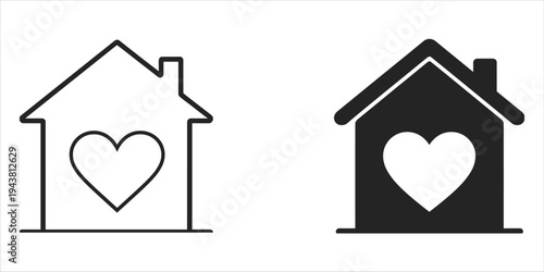 Outline and filled house icons with a heart inside on a white background home love
