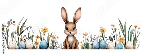 A cute rabbit sits among colorful flowers and decorative eggs, creating a cheerful springtime scene.