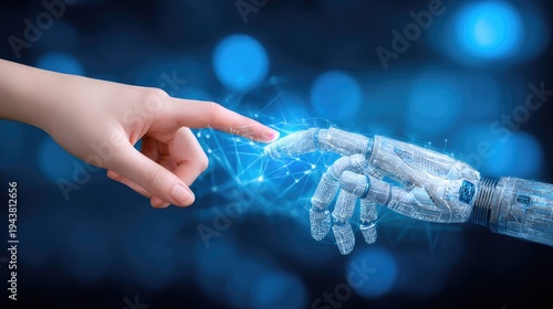 Human and robot interaction futuristic space digital art abstract concept close-up view innovation