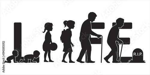 Life Cycle Word Art with Human Silhouettes and Gravestone vector illustration