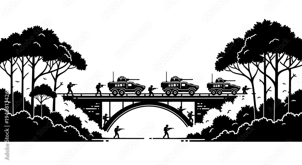 Obraz premium Military convoy crossing bridge, soldiers advancing through forest, war conflict scene
