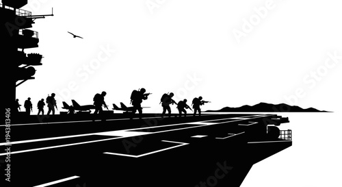 Military Aircraft Carrier Deck with Soldiers and Jets, Silhouette