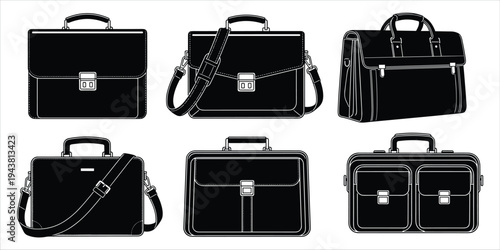 Collection of black silhouette illustrations of various briefcases on white portfolio business