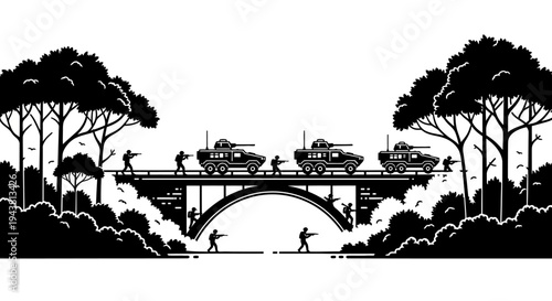 Military convoy crossing bridge, soldiers advancing through forest, war conflict scene