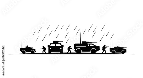 Military convoy in rain, soldiers and armored vehicles on patrol