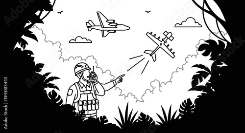 Military drone control in jungle with aircraft in sky, soldier with radio