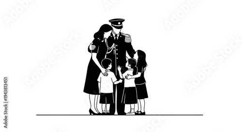 Military Family Reunion: Soldier Embraces Wife and Children with Love and Joy