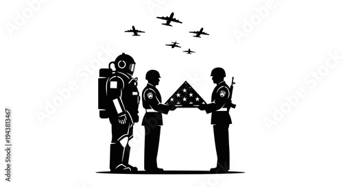 Military Honor Guard Folds Flag with Astronaut and Airplanes Overhead