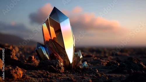 Iridescent crystal formation at sunset on rocky terrain