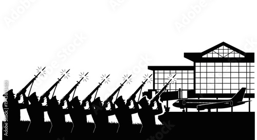 Military Honor Guard Fires Salute at Airport Terminal with Airplane