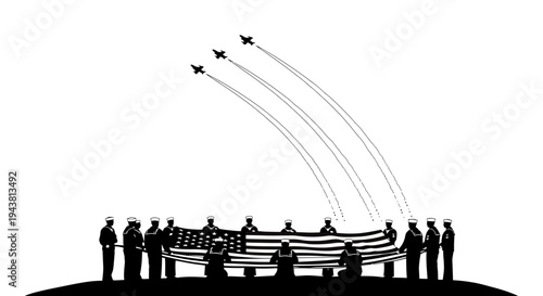 Military Honor Guard Carries American Flag with Jet Flyover