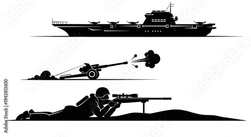 Military Icons: Aircraft Carrier, Artillery Cannon Firing, Sniper Soldier Silhouette