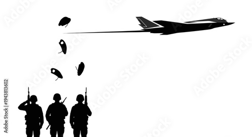 Military Jet Drops Paratroopers and Supplies onto White Background