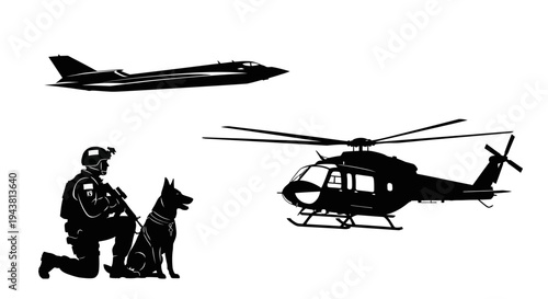 Military K9 Unit, Helicopter, and Jet Fighter Silhouette - Security and Defense Concept