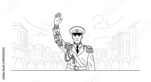Military Leader Waving to Crowd, Formal Uniform, Parade, Cityscape Background