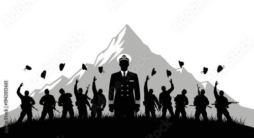 Military Leader and Soldiers Celebrating Victory in Mountains