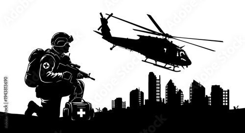 Military Medic Soldier Kneeling with Medical Kit, Helicopter Flying Over City Skyline Silhouette