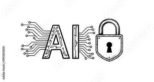 Artificial intelligence cyber security concept pencil sketch with AI letters circuit network and lock symbol