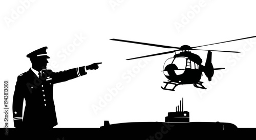 Military officer directs helicopter near submarine, strategic operation, defense concept