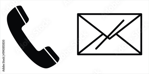 Black silhouette icons of a telephone handset and an envelope on white receiver communication