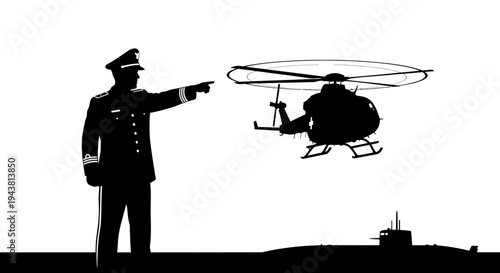 Military Officer Directs Helicopter Near Submarine Silhouette