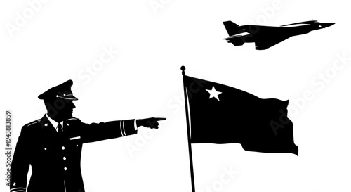 Military Officer Directs Fighter Jet Towards Flag, Symbolizing Command and Air Power