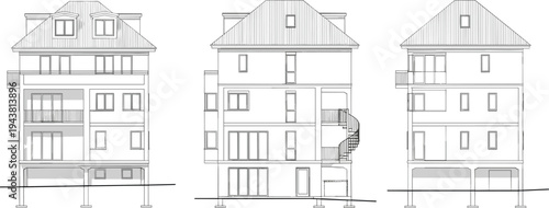 Modern residential house elevation drawings showing front, side, and rear views, architectural line art illustration for construction and real estate projects