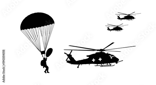 Military Parachutist Jumps Near Medical Helicopters and Attack Helicopters