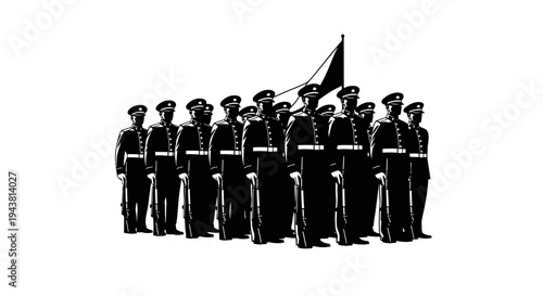 Military Parade Formation: Soldiers in Uniform with Flag, Black and White Silhouette