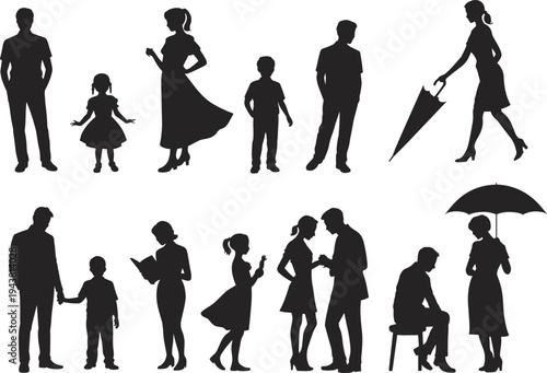 People silhouette collection, family men women children figures, lifestyle daily activity scenes, human character set vector illustration