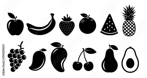 Black silhouette fruit icons apple banana strawberry orange pineapple watermelon grapes mango cherries pear avocado