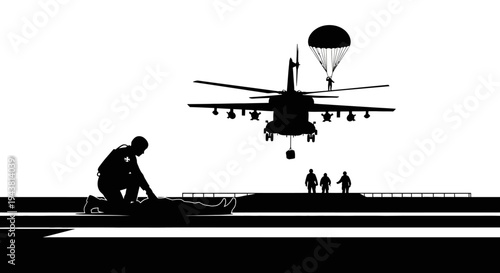 Military Rescue Operation: Helicopter, Paratrooper, Medic, and Stretcher Silhouette