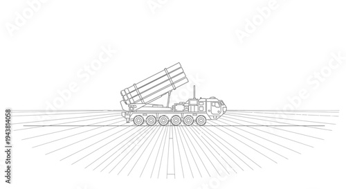Military Rocket Launcher Truck on Road, Perspective View, Line Art Illustration