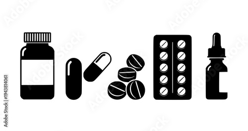 Black silhouette pharmacy medicine icon set with pill bottle capsules blister pack tablets and dropper