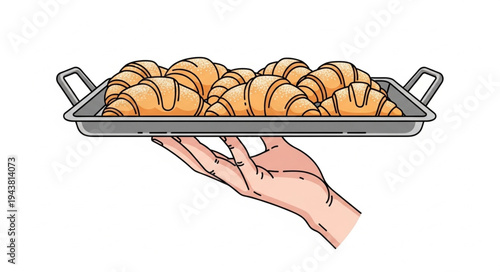Hand holding tray of croissants.
