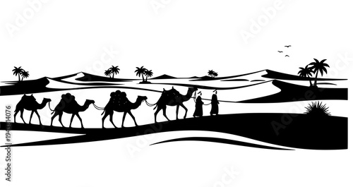 Desert caravan silhouette with camels travelers palm oasis and sand dunes vector illustration