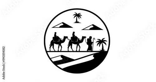Minimal desert caravan emblem with camel riders oasis palm and traveler silhouette vector