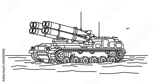Military rocket launcher vehicle on tracks in water, line art illustration