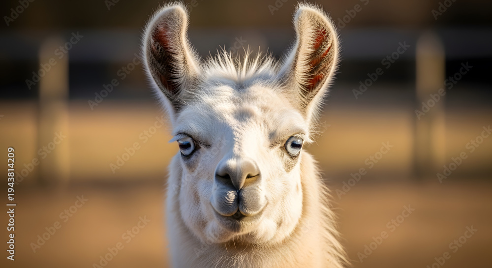 Naklejka premium Close up of a llama with striking blue eyes and white fur