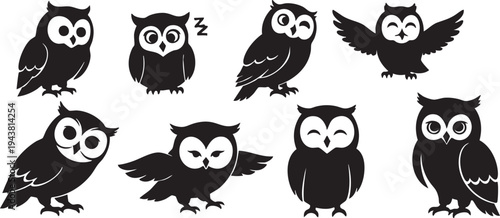 Six owl silhouettes isolated on white background with white details owls black