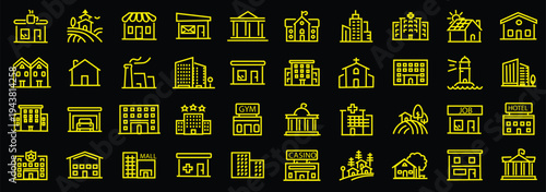 Building web icons in line style. Hotel, hospital, apartament, city, town house, mall, coffee, collection. Editable stroke. Vector illustration.