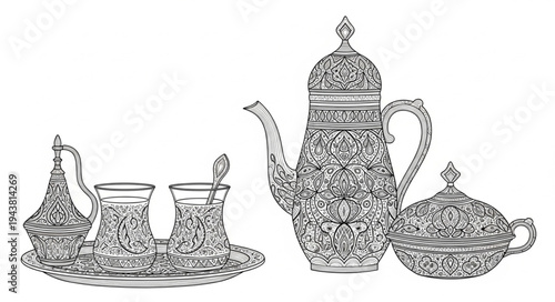 Vintage Teapot and Tea Set on Tray Illustration.