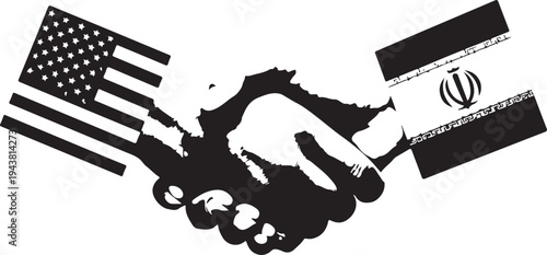 Two hands shaking with the flags of the united states and iran in the background