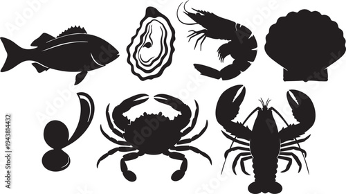 Six seafood silhouettes on white background including fish oyster shrimp mussel scallop crab lobster