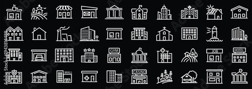 Building web icons in line style. Hotel, hospital, apartament, city, town house, mall, coffee, collection. Editable stroke. Vector illustration.