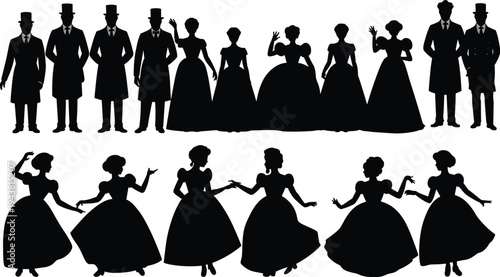 Victorian era people silhouettes, elegant men and women dancing, vintage fashion characters collection, historical costume vector illustration set