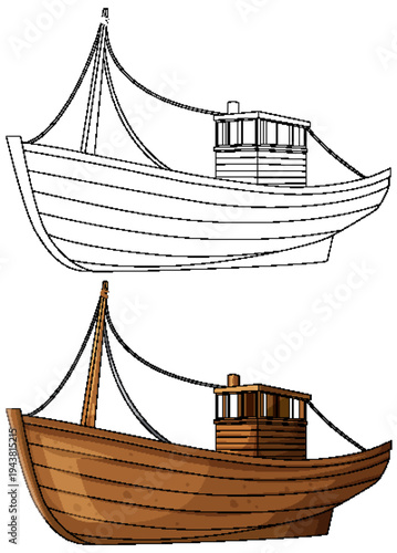 Wooden Fishing Boat Line Art and Colored Illustration