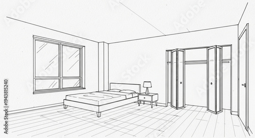 Minimalist Bedroom Interior with Bed and Wardrobe.