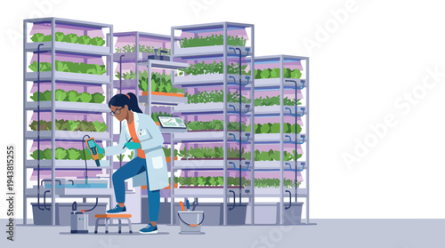 Scientist tending to plants in a vertical farm.